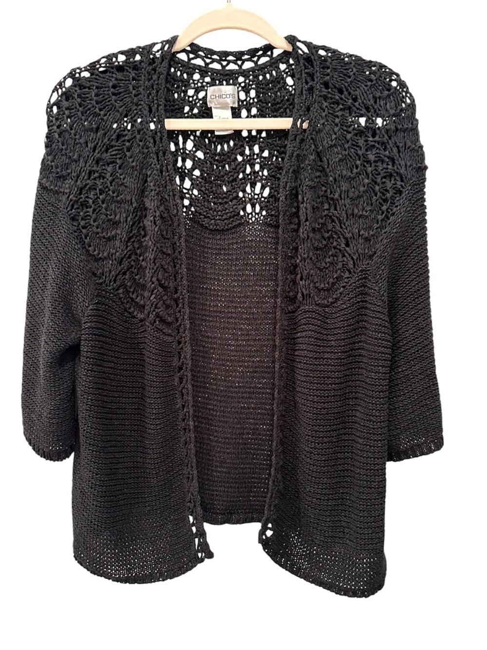 Chico's Black Crochet Yoke Open Front Cardigan 3/4 Sleeves Neutral Sz 2 Large